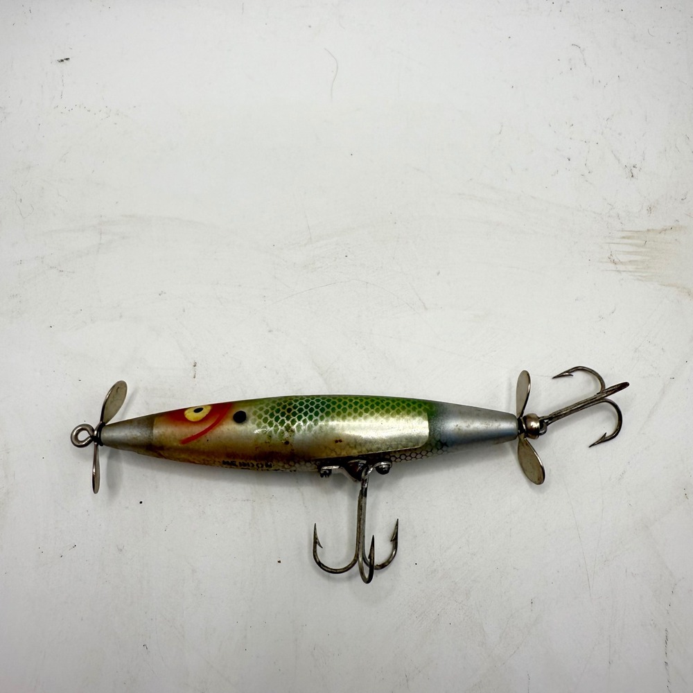 Vintage Heddon Dying Flutter Fishing Lure Green Scale Topwater Propeller Bait